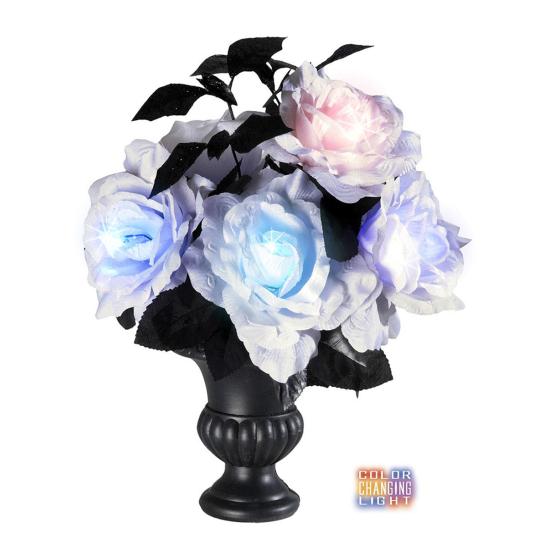 Florero con 6 rosas blancas con luces multicolores