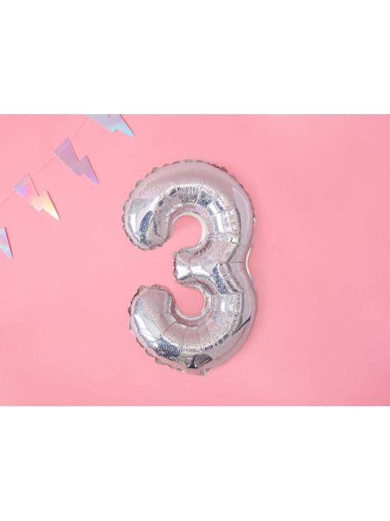 Globo foil "3" plateado con purpurina (35 cm)