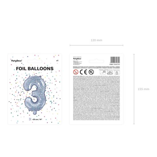 Globo foil "3" plateado con purpurina (35 cm)