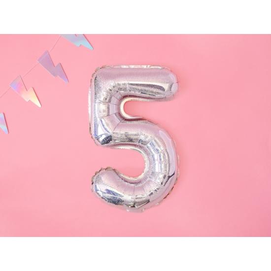 Globo foil "5" plateado con purpurina (35 cm)