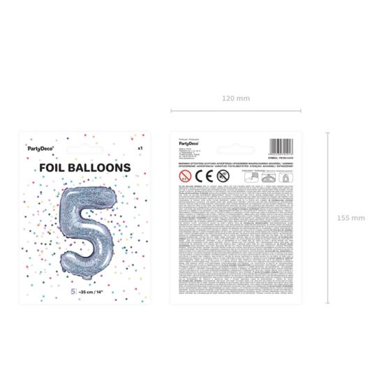 Globo foil "5" plateado con purpurina (35 cm)