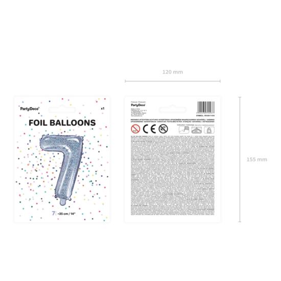 Globo foil "7" plateado con purpurina (35 cm)
