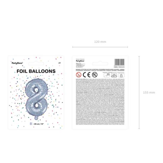 Globo foil "8" plateado con purpurina (35 cm)