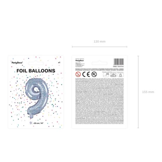 Globo foil "9" plateado con purpurina (35 cm)