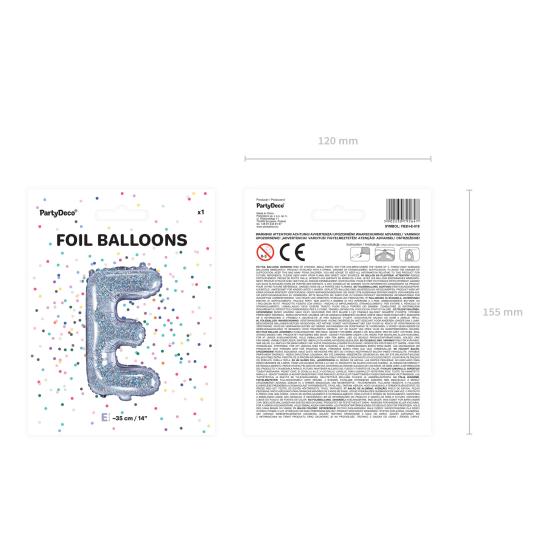 Globo foil letra E plateado con purpurina Globo foil letra E plateado con purpurina