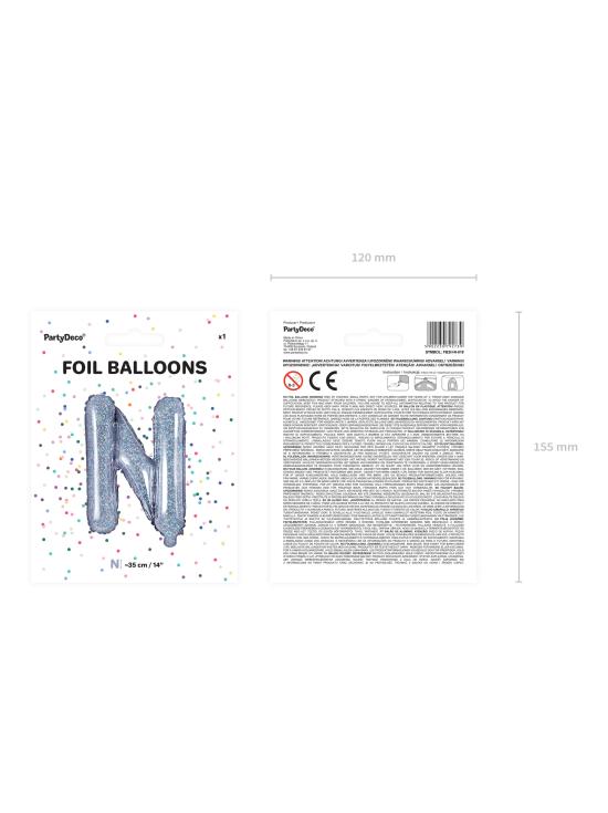 Globo foil letra N plateado con purpurina