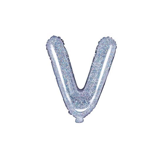 Globo foil letra V plateado con purpurina