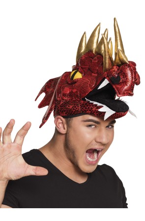 Gorro de dragón rojo con cuernos para adulto