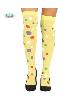Medias de payaso amarillas con topos multicolor para mujer