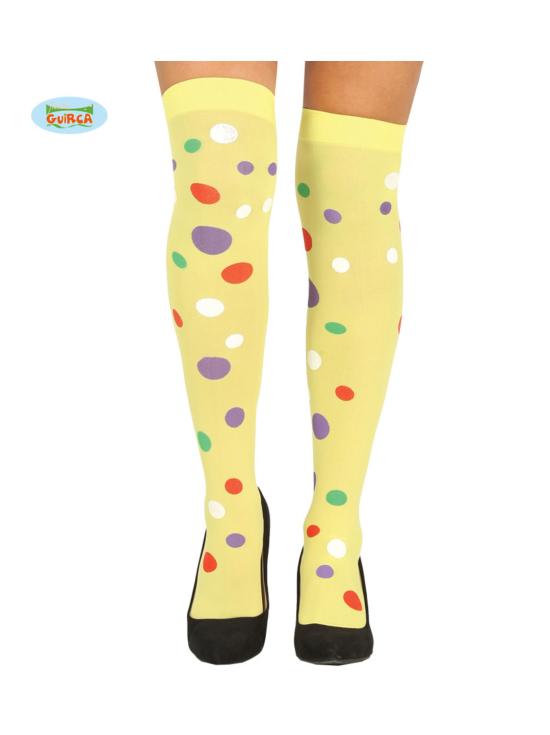 Medias de payaso amarillas con topos multicolor para mujer
