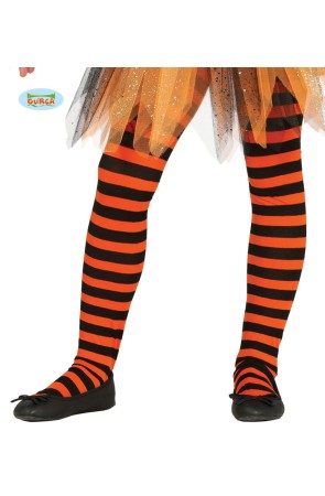 Pantys de bruja de rayas negras y naranjas para niña