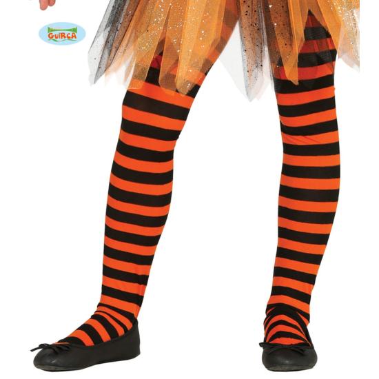 Pantys de bruja de rayas negras y naranjas para niña
