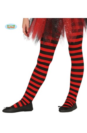 Pantys de bruja de rayas negras y rojas para niña