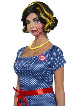 Peluca Pop Art morena con mechas rubias para mujer