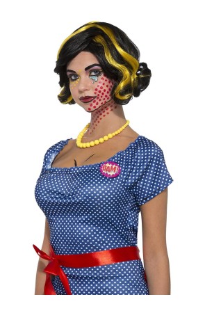 Peluca Pop Art morena con mechas rubias para mujer
