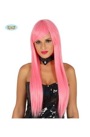 Peluca con flequillo rosa lisa para mujer