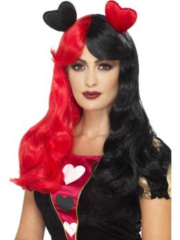 Peluca de reina de corazones roja y negra con corazones para mujer