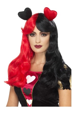 Peluca de reina de corazones roja y negra con corazones para mujer