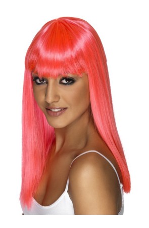 Peluca glamour rosa neón con flequillo