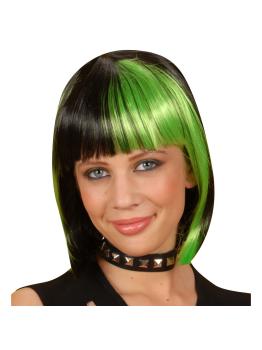 Peluca negra con mechas verdes para mujer