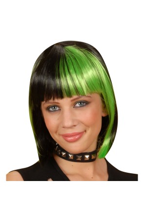 Peluca negra con mechas verdes para mujer