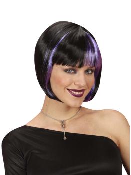 Peluca negra con mechas violetas para mujer