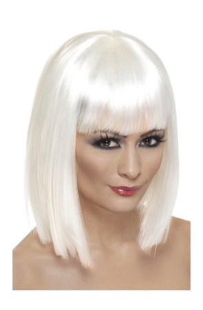 Peluca recta con flequillo blanca para mujer