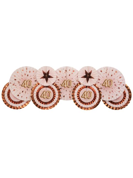 3 Abanicos de papel decorativos variados "40" (21-26-30 cm) - Glitz & Glamour Pink & Rose Gold