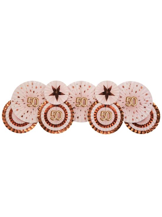 3 Abanicos de papel decorativos variados "50" (21-26-30 cm) - Glitz & Glamour Pink & Rose Gold