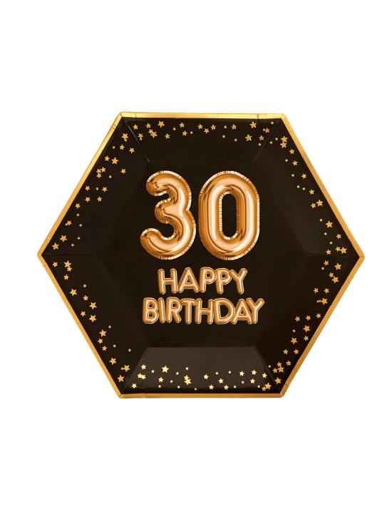 8 platos hexagonales "30 Happy Birthday" de papel (27 cm) - Glitz & Glamour Black & Gold