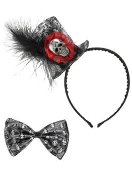 Set de mini sombrero y pajarita calavera para mujer