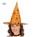 Sombrero de bruja naranja con gatos y murciélagos para mujer