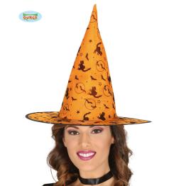 Sombrero de bruja naranja con gatos y murciélagos para mujer