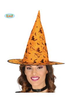 Sombrero de bruja naranja con gatos y murciélagos para mujer