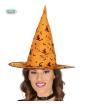 Sombrero de bruja naranja con gatos y murciélagos para mujer