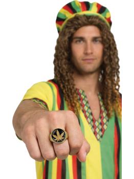 Anillo de Marihuana Dorado y Negro con Hoja de Cannabis para Disfraz Rastafari