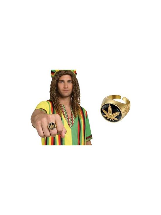 Anillo de Marihuana Dorado y Negro con Hoja de Cannabis para Disfraz Rastafari