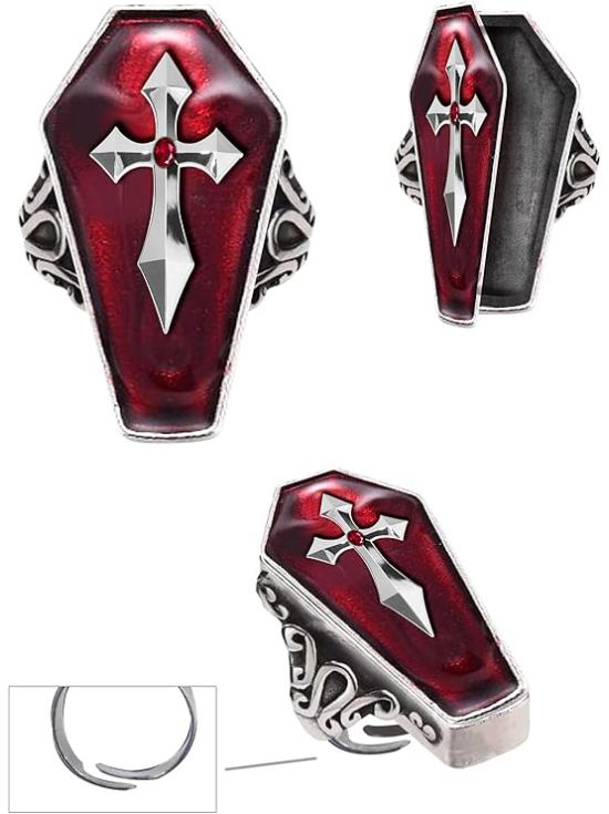 Anillo Féretro con Cruz Plateada - Accesorio Terrorífico para Halloween