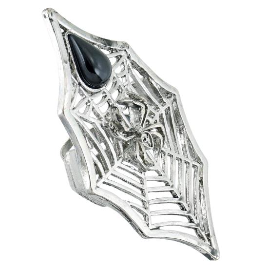 Anillo Gótico Araña y Telaraña  Piedra Negra.