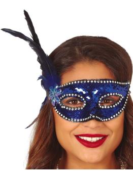 Antifaz azul lentejuelas con pluma