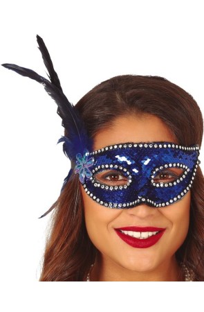 Antifaz azul lentejuelas con pluma