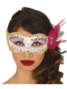 Antifaz Blanco con pluma rosa
