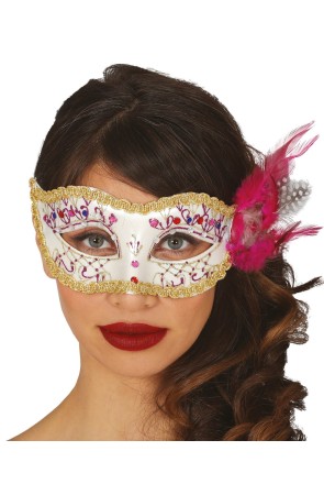 Antifaz Blanco con pluma rosa