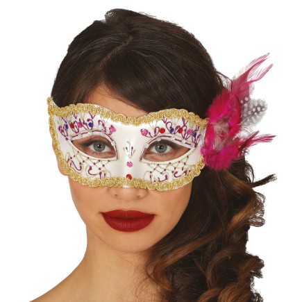 Comprar Antifaz Blanco con pluma rosa > Complementos para Disfraces > Accesorios para la cabeza Disfraces > Antifaces para | Tienda de disfraces en Madrid, disfracestuyyo.com