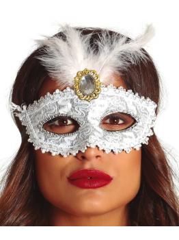 Antifaz Blanco con Plumas blancas