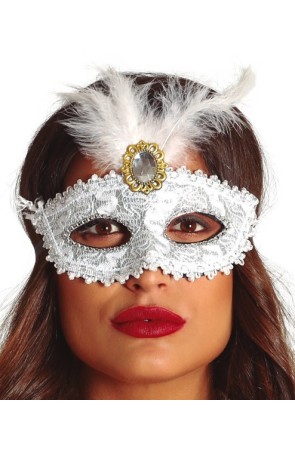 Antifaz Blanco con Plumas blancas