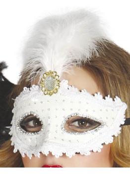 Antifaz de color blanco con pluma