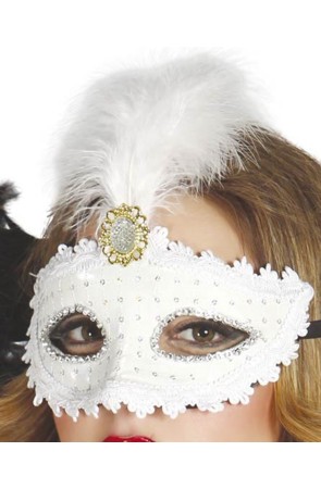 Antifaz de color blanco con pluma