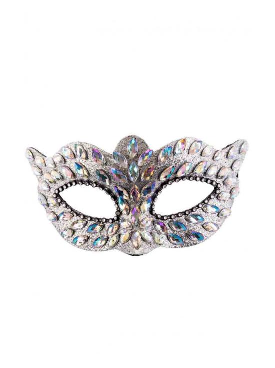 Antifaz plateado de plástico con gemas y strass sobre cartoncillo