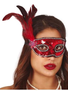 Antifaz Rojo lentejuelas con Pluma